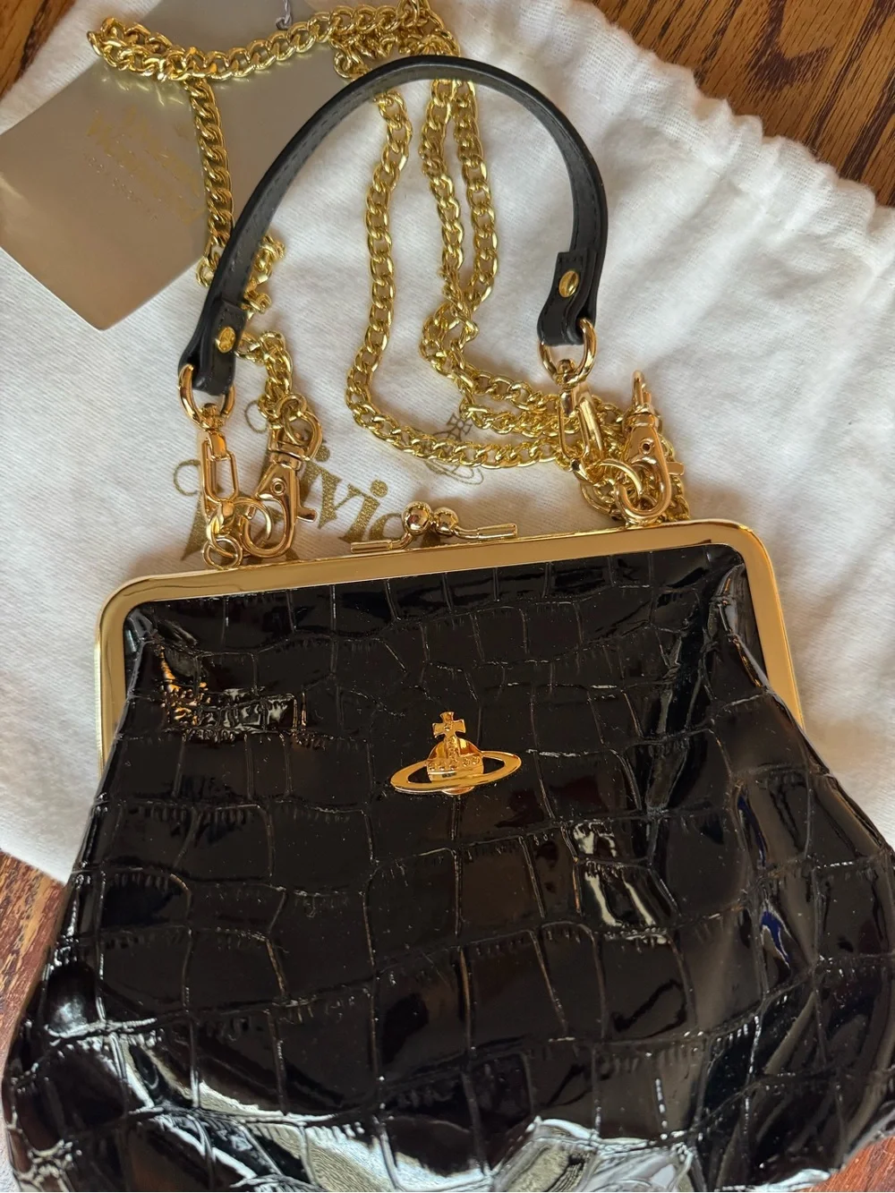 Vivienne Westwood Black Patent Croc-Embossed Frame Clutch with Gold Hardware
